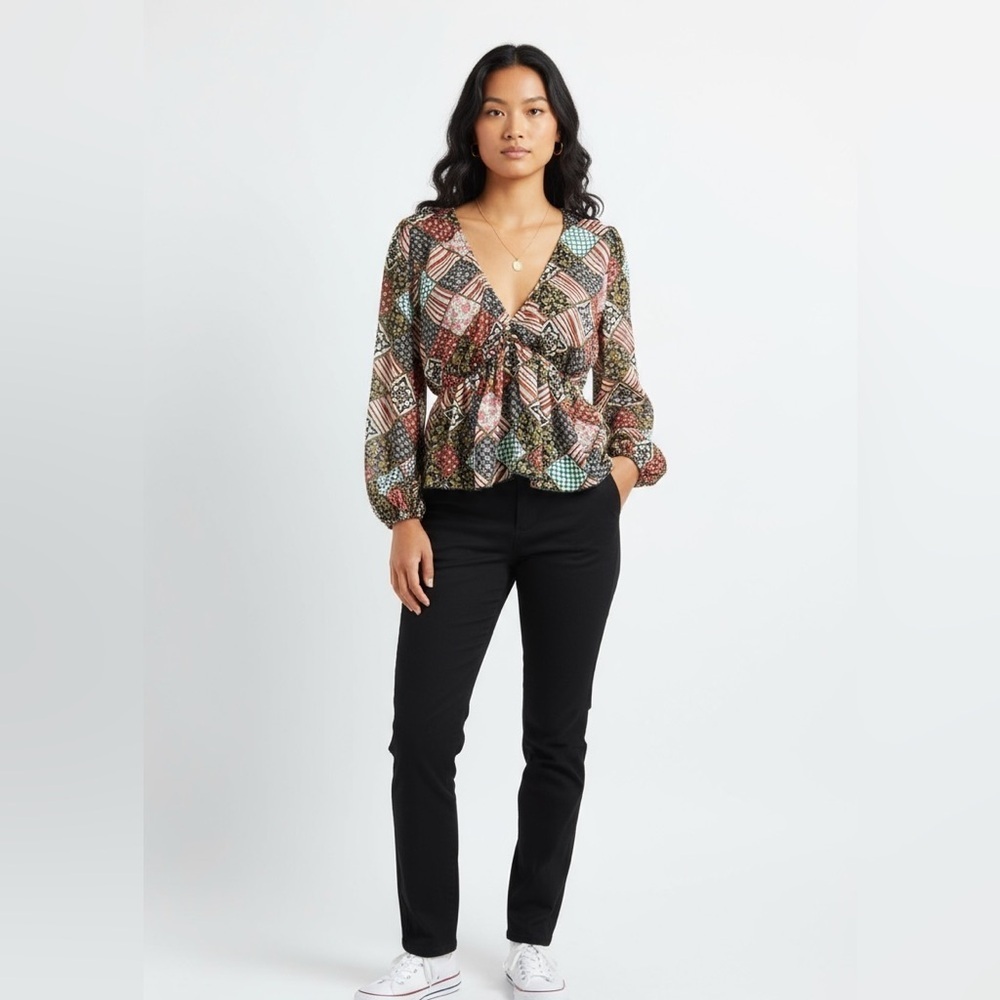 Bucket List Patchwork Boho Puff Sleeve Blouse Multicolor Elastic Waist M